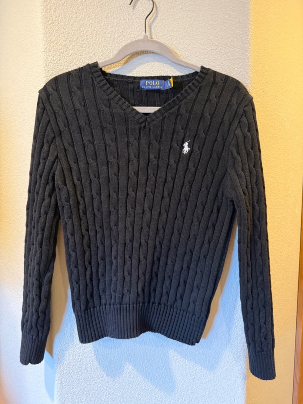 Polo Ralph Lauren Black Cable Knit V-Neck Sweater Size L (runs S, fits more M)